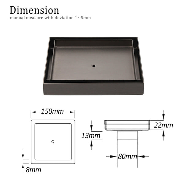 Bathroom Gun Metal 150Mm Tile Insert Floor Drain Shower Grate 80Mm Waste Outlet Drain Grates