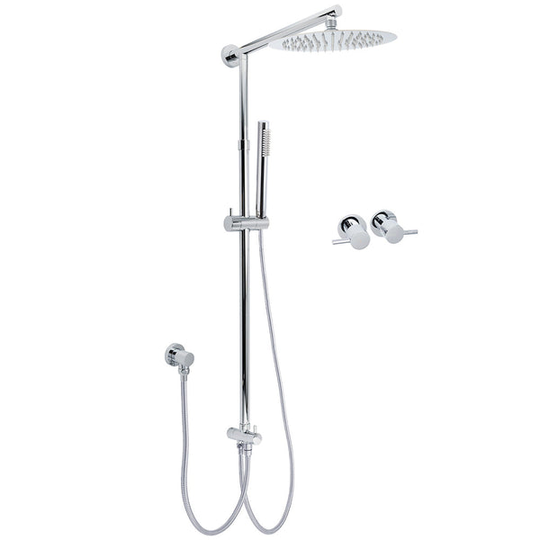 Wels Chrome 10" Round Rain Handheld Twin Shower Head Arm Sliding Rail Double Taps Control Shower Heads & Combos