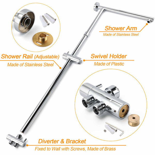 Wels Chrome 10" Round Rain Handheld Twin Shower Head Arm Sliding Rail Double Taps Control Shower Heads & Combos