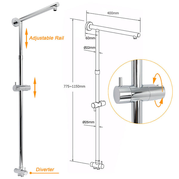 Wels Round Large 12" Rain 2In1 Shower Head Stainless Steel Handheld Wall Rail Brass Twin Taps Set Shower Heads & Combos