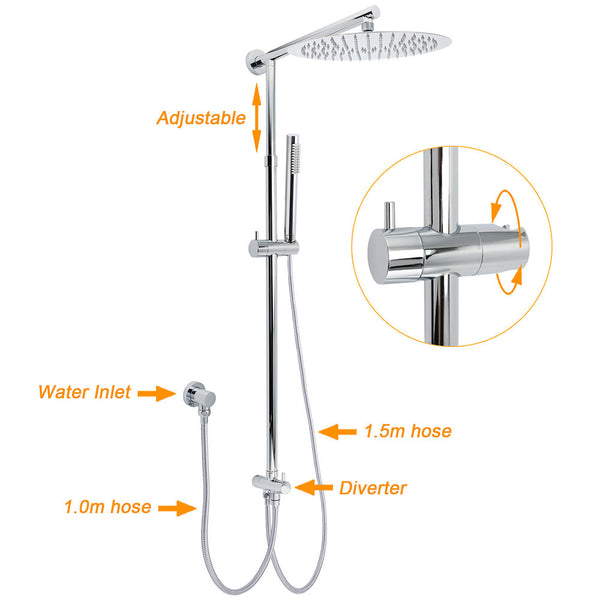 Wels Round 12" Rain Twin Shower Head Stainless Steel Handheld Wall Rail Chrome Mixer Valve Set Shower Heads & Combos