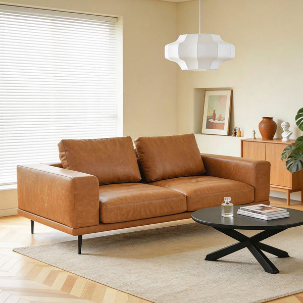 Modern Deep Seated Sofa Two Seater Faux Leather Brown Pu Sofas Armchairs & Couches