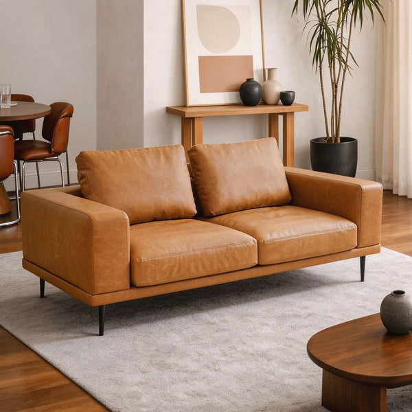 Modern Deep Seated Sofa Two Seater Faux Leather Brown Pu Sofas Armchairs & Couches