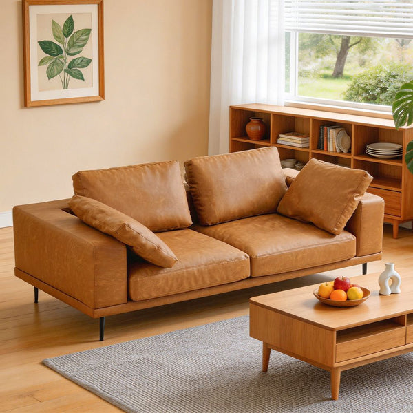 Modern Deep Seated Sofa Two Seater Faux Leather Brown Pu Sofas Armchairs & Couches