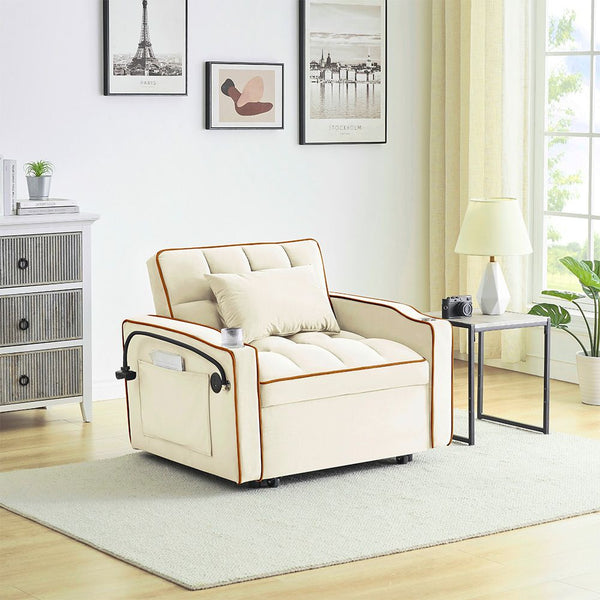 Single Seater Sofa Bed Equipped With Usb Ports And Phone Holder Beige Sofa Beds