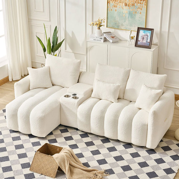 92 Inch High Quality Teddy Fur Fabric Corner Sofa White Sofas Armchairs & Couches