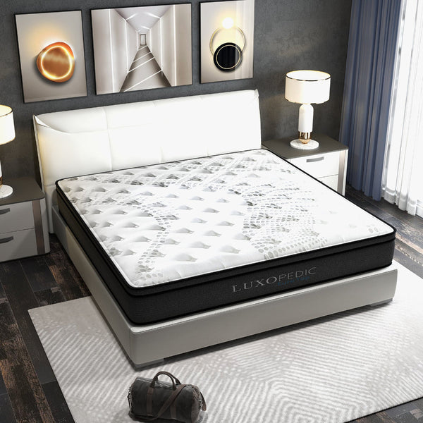 Luxopedic Pocket Spring Mattress 5 Zone 32Cm Euro Top Memory Foam Medium Firm Queen White Grey Mattresses