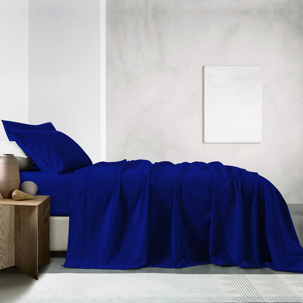 Royal Comfort Vintage Washed 100% Cotton Sheet Set Fitted Flat Pillowcases Double Blue Sheets