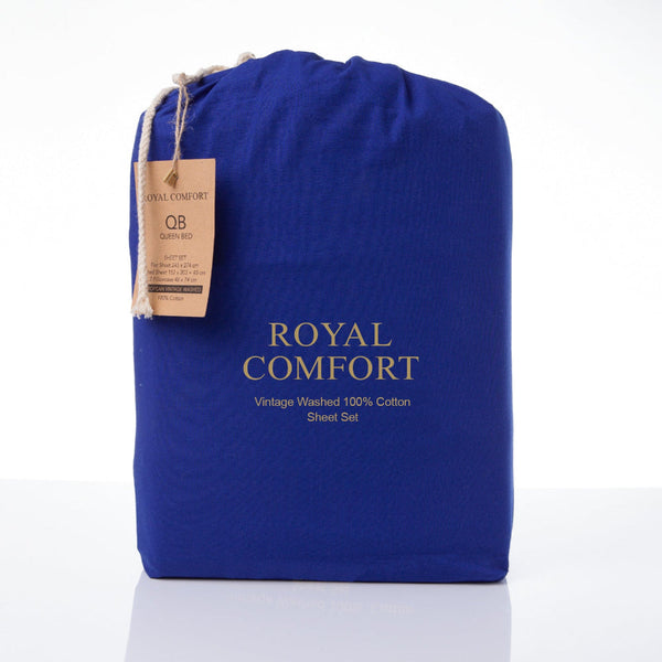 Royal Comfort Vintage Washed 100% Cotton Sheet Set Fitted Flat Pillowcases Double Blue Sheets