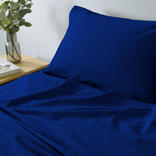 Royal Comfort Vintage Washed 100% Cotton Sheet Set Fitted Flat Pillowcases Double Blue Sheets