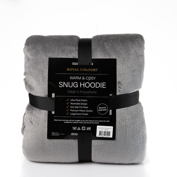 Royal Comfort Snug Hoodie Nightwear Super Soft Reversible Coral Fleece 750Gsm Grey Hoodie Robes