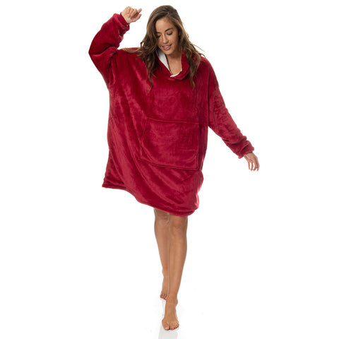 Royal Comfort Snug Hoodie Nightwear Super Soft Reversible Coral Fleece 750Gsm Red Sleepwear