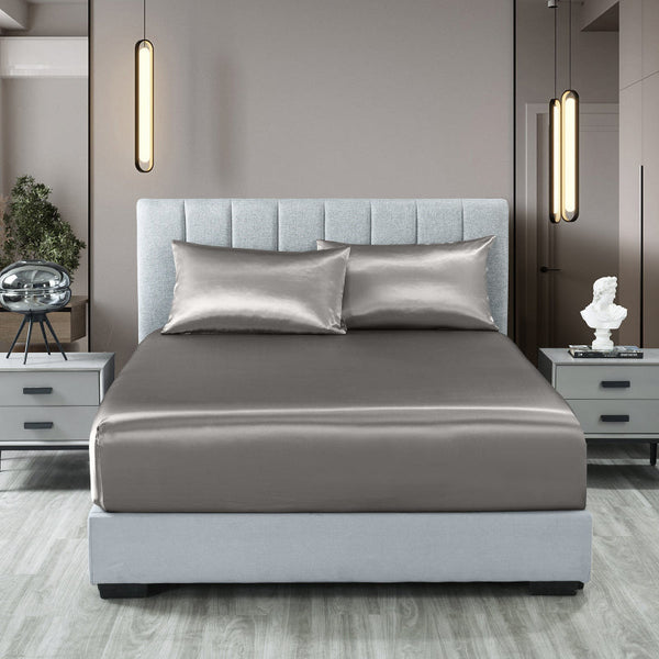 Royal Comfort Satin Sheet Set 3 Piece Fitted Pillowcase Soft Queen Charcoal Sheets