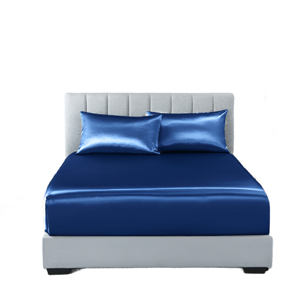 Royal Comfort Satin Sheet Set 3 Piece Fitted Pillowcase Soft King Navy Blue Pillow Cases