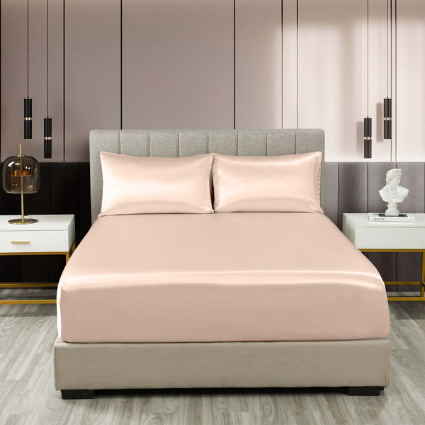 Royal Comfort Satin Sheet Set 3 Piece Fitted Pillowcase Soft King Champagne Pink Pillow Cases