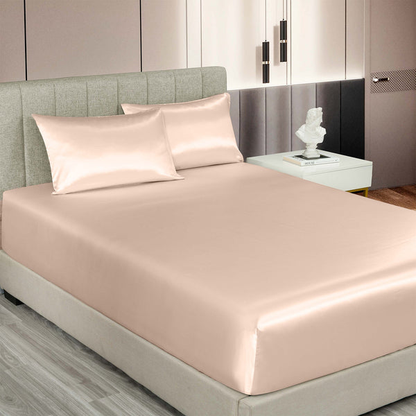 Royal Comfort Satin Sheet Set 3 Piece Fitted Pillowcase Soft King Champagne Pink Pillow Cases