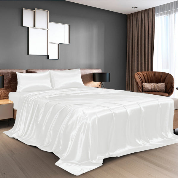 Royal Comfort Satin Sheet Set 4 Piece Fitted Flat Pillowcases King White Pillow Cases