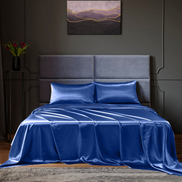 Royal Comfort Satin Sheet Set 4 Piece Fitted Flat Pillowcases King Navy Blue Pillow Cases