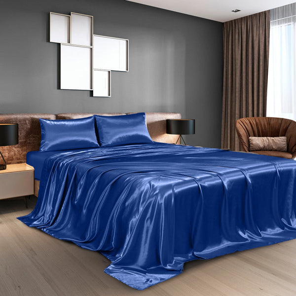 Royal Comfort Satin Sheet Set 4 Piece Fitted Flat Pillowcases King Navy Blue Pillow Cases