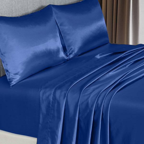 Royal Comfort Satin Sheet Set 4 Piece Fitted Flat Pillowcases King Navy Blue Pillow Cases
