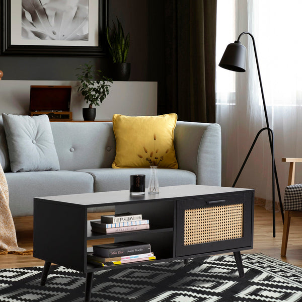Casa Decor Tulum Rattan Coffee Table Storage Drawer Furniture Wooden Black Coffee Tables