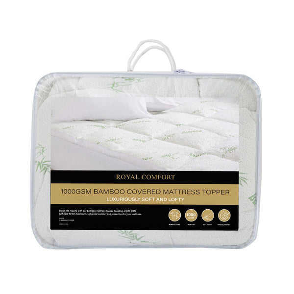 Royal Comfort 1000Gsm Luxury Bamboo Covered Mattress Topper Ball Fibre Gusset Single White Mattress Toppers & Protectors