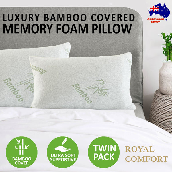 Royal Comfort Luxury Bamboo Covered Memory Foam Pillow Twin Pack Hypoallergenic Pillows