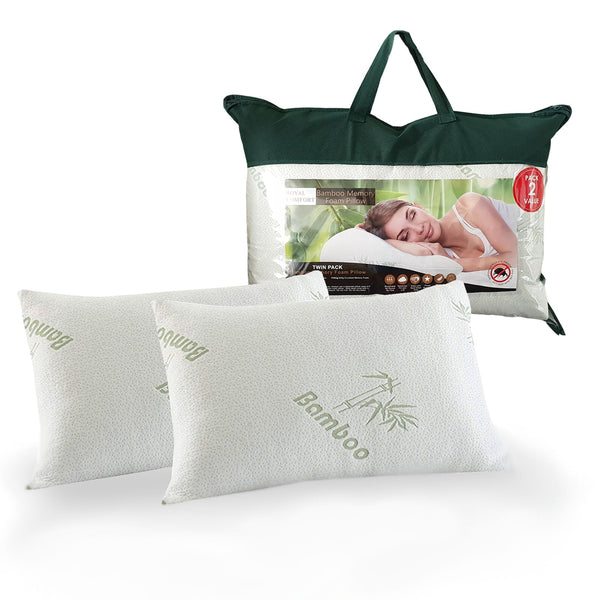 Royal Comfort Luxury Bamboo Covered Memory Foam Pillow Twin Pack Hypoallergenic Pillows