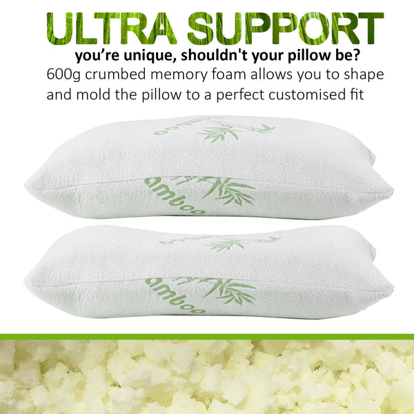 Royal Comfort Luxury Bamboo Covered Memory Foam Pillow Twin Pack Hypoallergenic Pillows