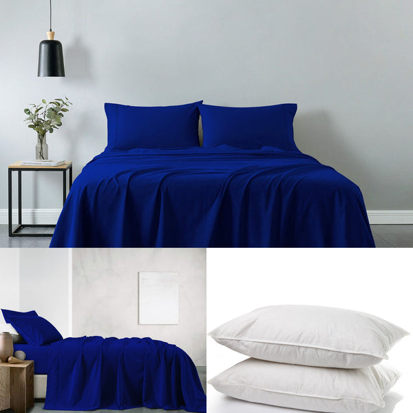 Royal Comfort Double Blue 100% Cotton Vintage Sheet Set & 2 Pillows Sheets