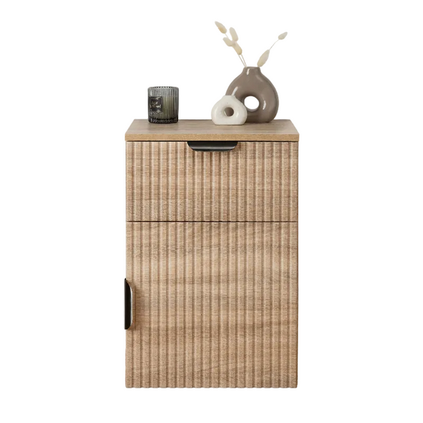 Porto Bedside Table Natural Oak Fluted Pull Black Bedside Tables