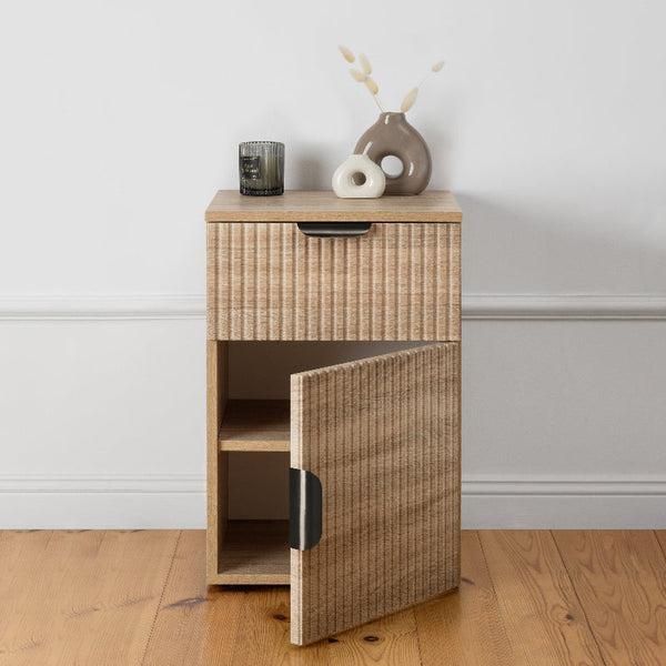 Porto Bedside Table Natural Oak Fluted Pull Black Bedside Tables