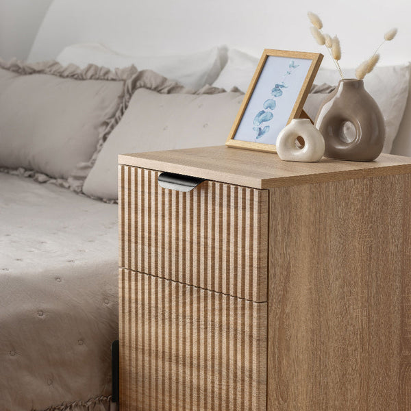 Porto Bedside Table Natural Oak Fluted Pull Black Bedside Tables