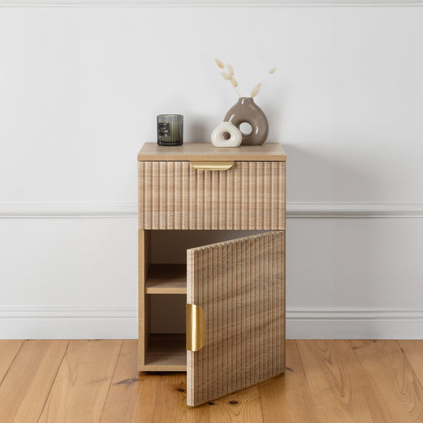 Porto Bedside Table Natural Oak Fluted Pull Brass Bedside Tables