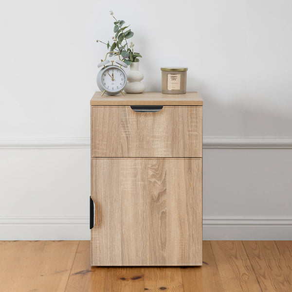 Porto Bedside Table Natural Oak Slim Pull Black Bedside Tables