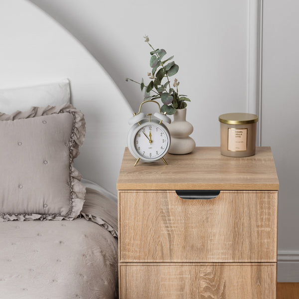 Porto Bedside Table Natural Oak Slim Pull Black Bedside Tables