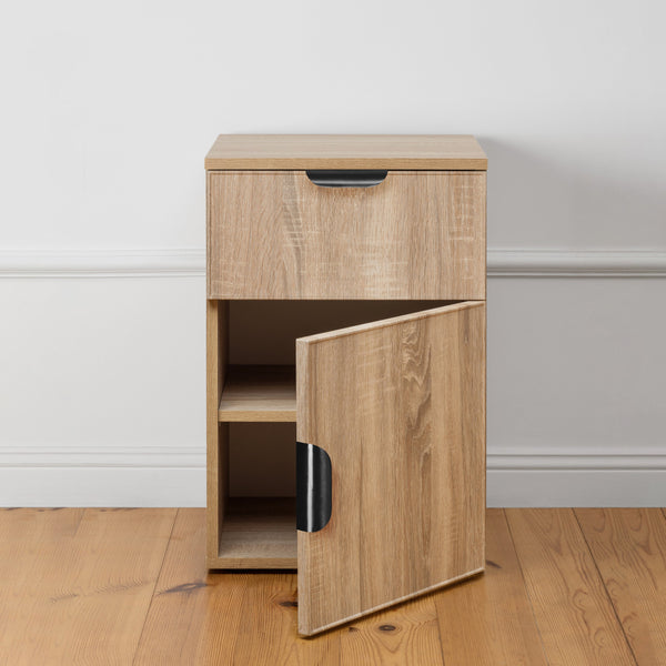 Porto Bedside Table Natural Oak Slim Pull Black Bedside Tables