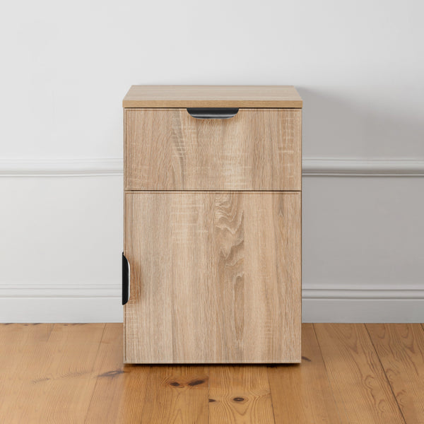 Porto Bedside Table Natural Oak Slim Pull Black Bedside Tables