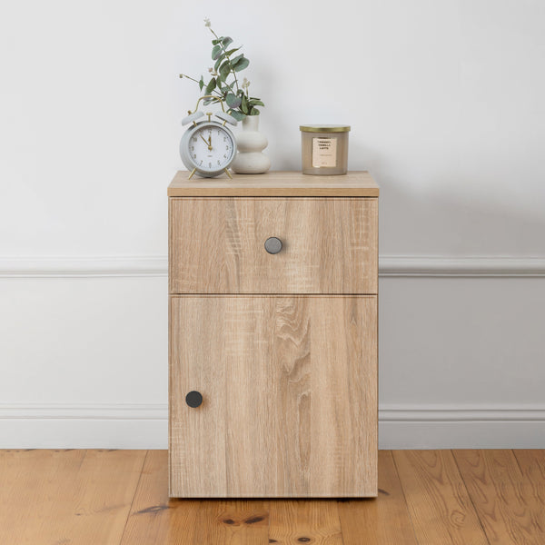 Porto Bedside Table Natural Oak Slim Round Black Bedside Tables