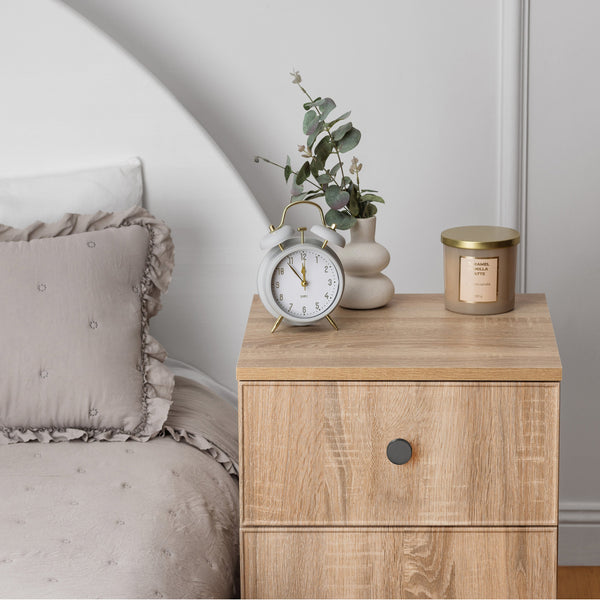 Porto Bedside Table Natural Oak Slim Round Black Bedside Tables