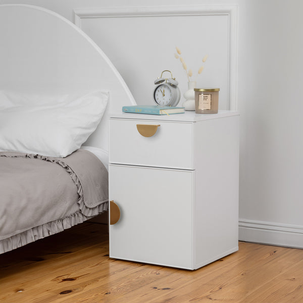 Porto Bedside Table White Slim Half Moon Brass Bedside Tables