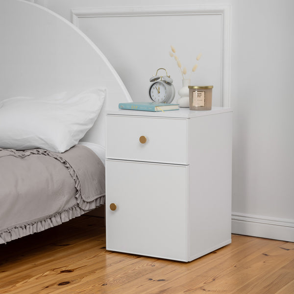 Porto Bedside Table White Slim Round Brass Bedside Tables