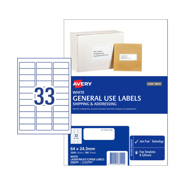 Avery Gen Label L7157gu 33Up Bx100 Address & Shipping Labels