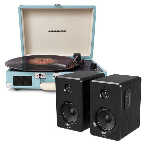 Crosley Cruiser Bluetooth Portable Turntable Turquoise + Bundled Majority D40 Speakers Black Turntables