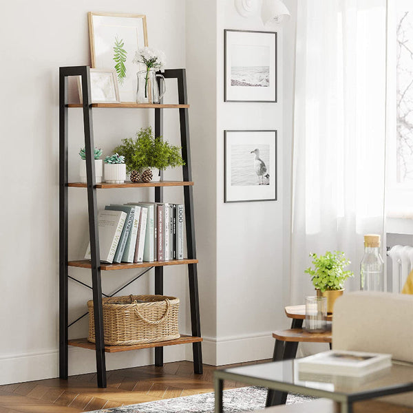 Rustic Brown And Black Steel Metal Frame 4 Tier Bookshelf Bookshelves