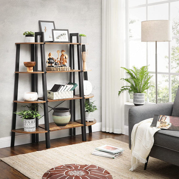 Rustic Brown And Black Steel Metal Frame 4 Tier Bookshelf Bookshelves