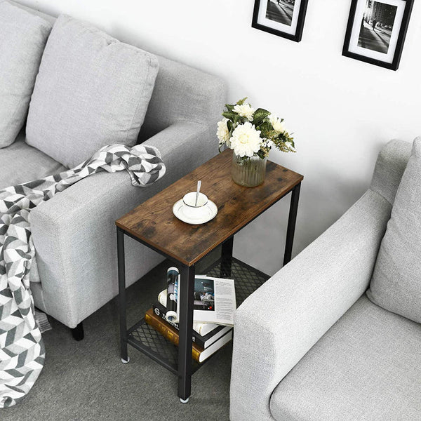 Industrial Side Table 2 Tier With Mesh And Metal Frame Rustic Brown Side Tables