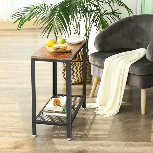 Industrial Side Table 2 Tier With Mesh And Metal Frame Rustic Brown Side Tables