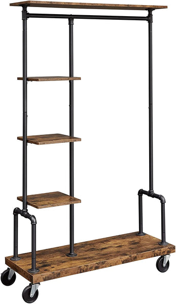 Clothing Garment Rack On Wheels With 5 Tier Industrial Pipe Style Rustic Brown Garment Racks