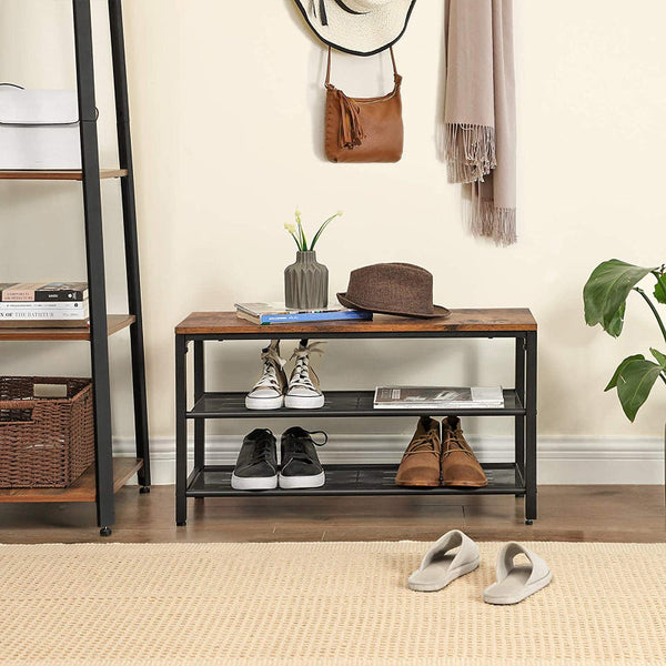 Shoe Rack With 2 Mesh Shelves Rustic Brown And Black Shoe Racks